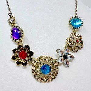 Gorgeous Vintage Multicolor Crystal Floral Rhinestone Statement Necklace